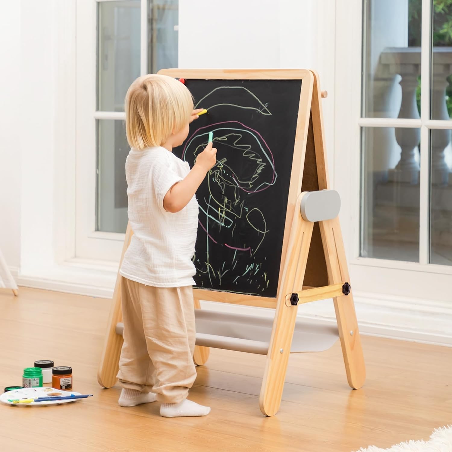 Folding Kids Art Easel with Magnetic Chalkboard and Whiteboard
