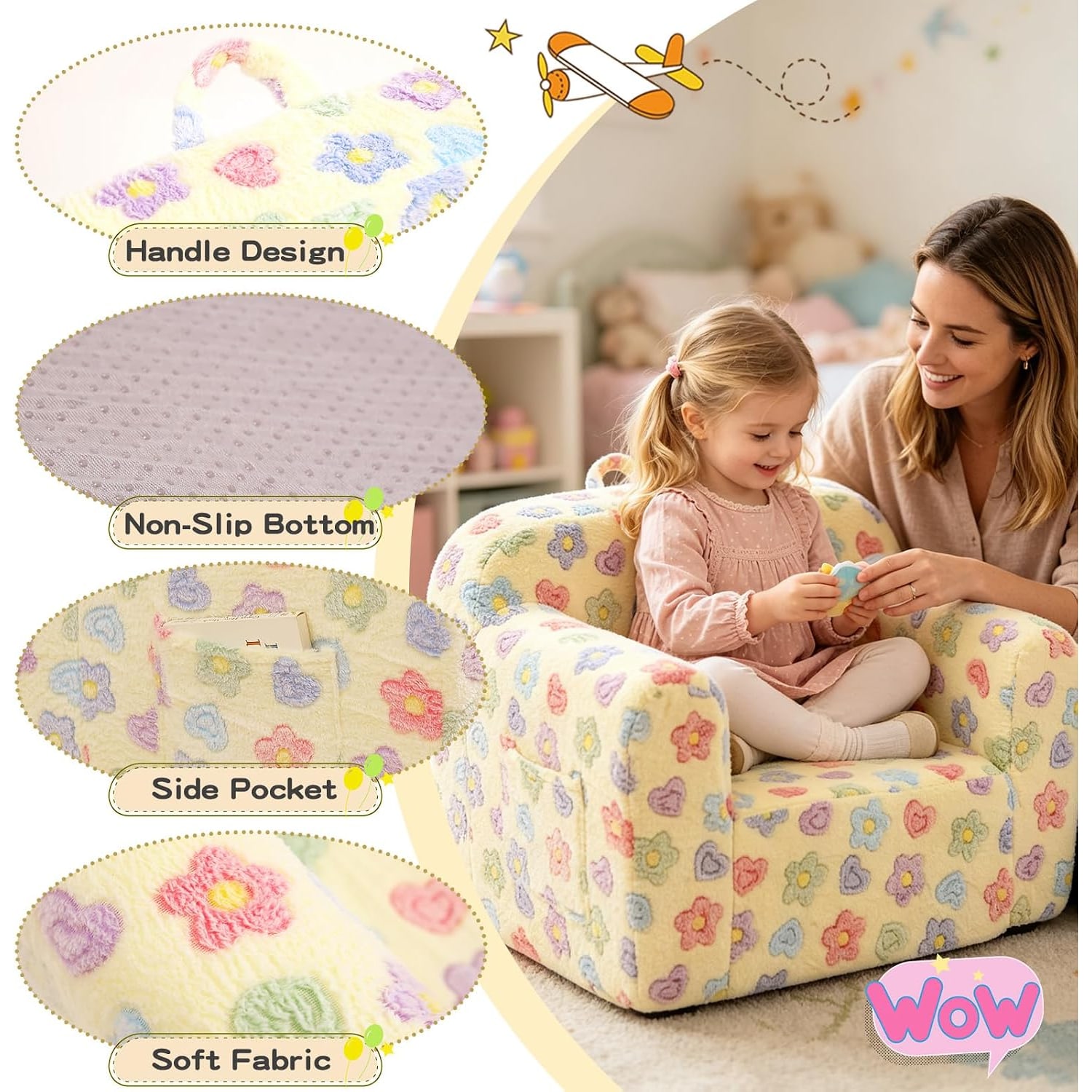 Plush Kids Sofa Chair in White Flower