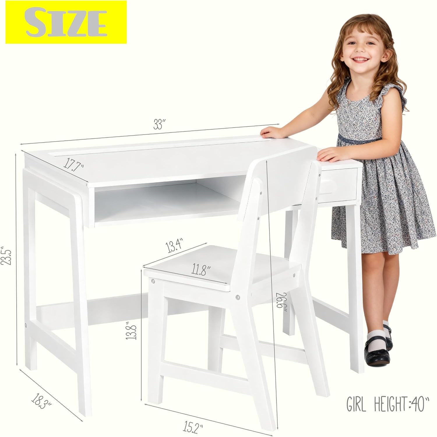 Kids Study Desk and Chair Set with Drawer and Open Storage, detail view