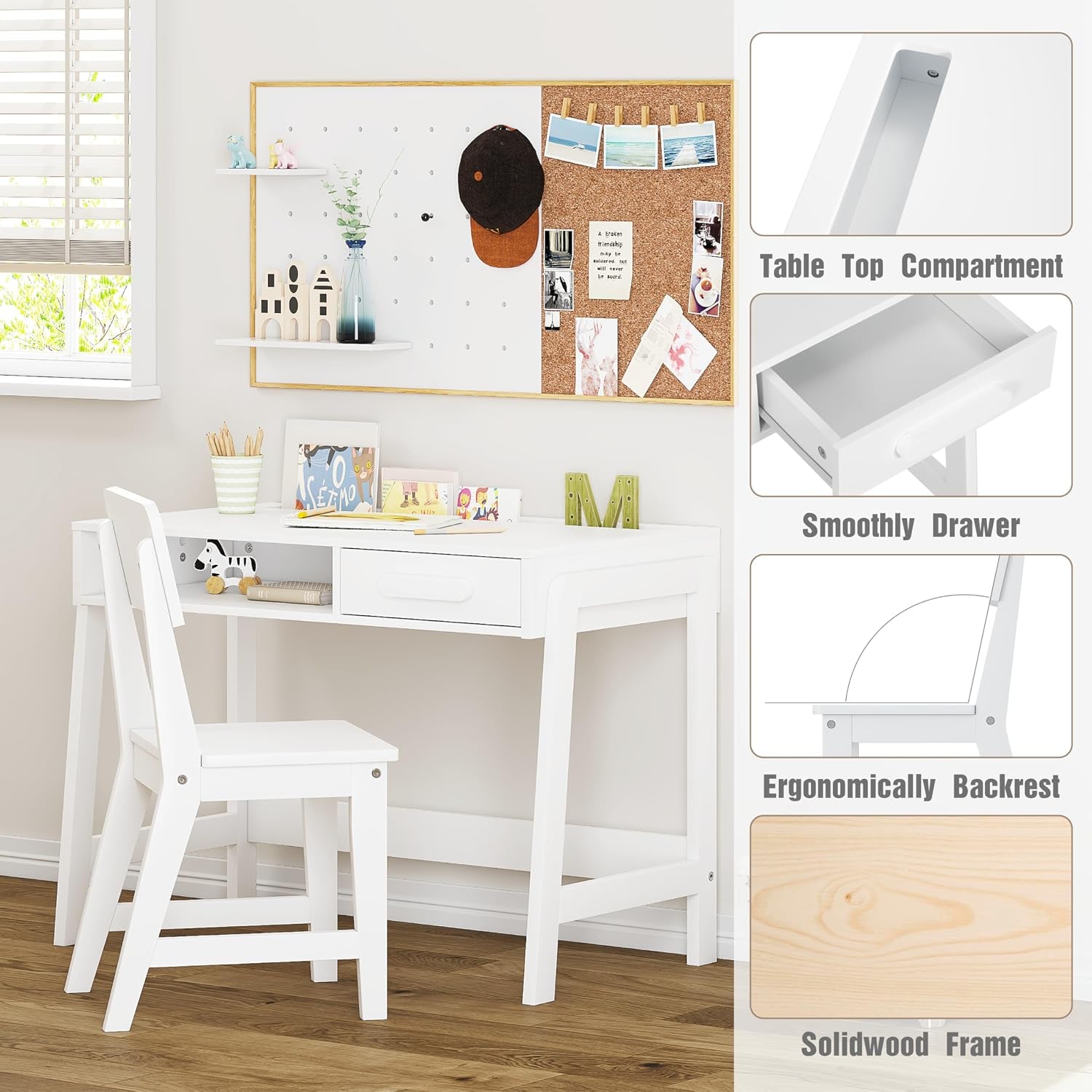 Kids Study Desk and Chair Set with Drawer and Open Storage