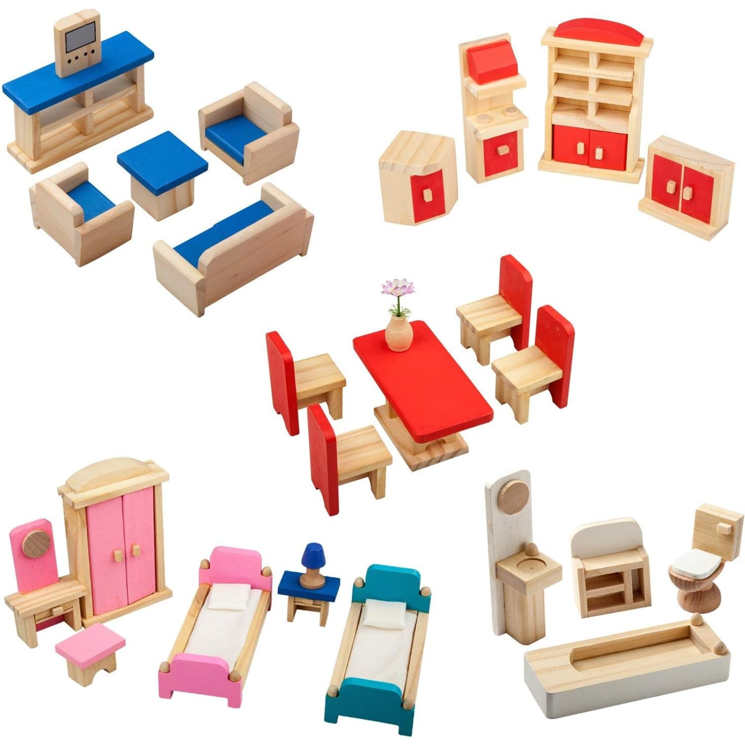 Wooden Dolls House Furniture Set, 5 Rooms, 1:12 Scale