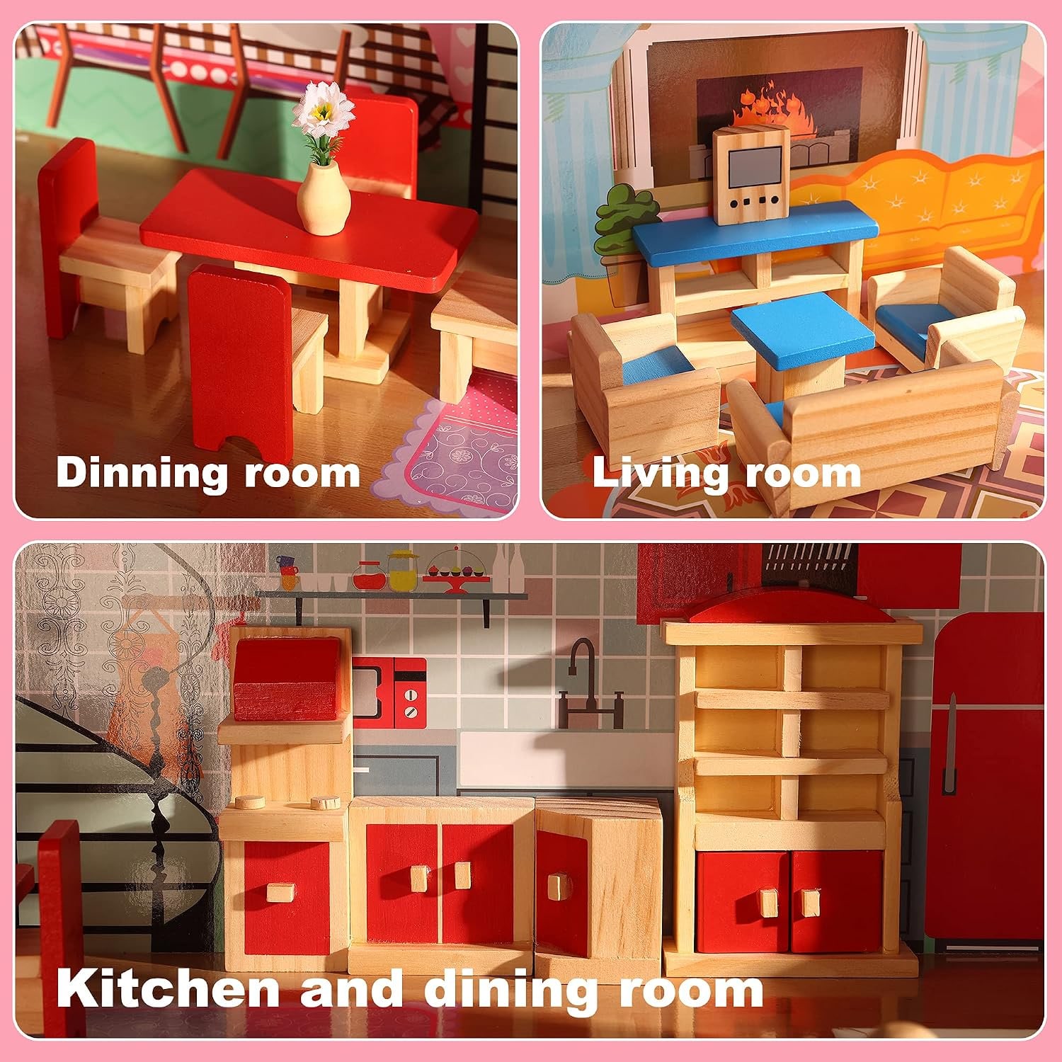 Wooden Dolls House Furniture Set, 5 Rooms, 1:12 Scale