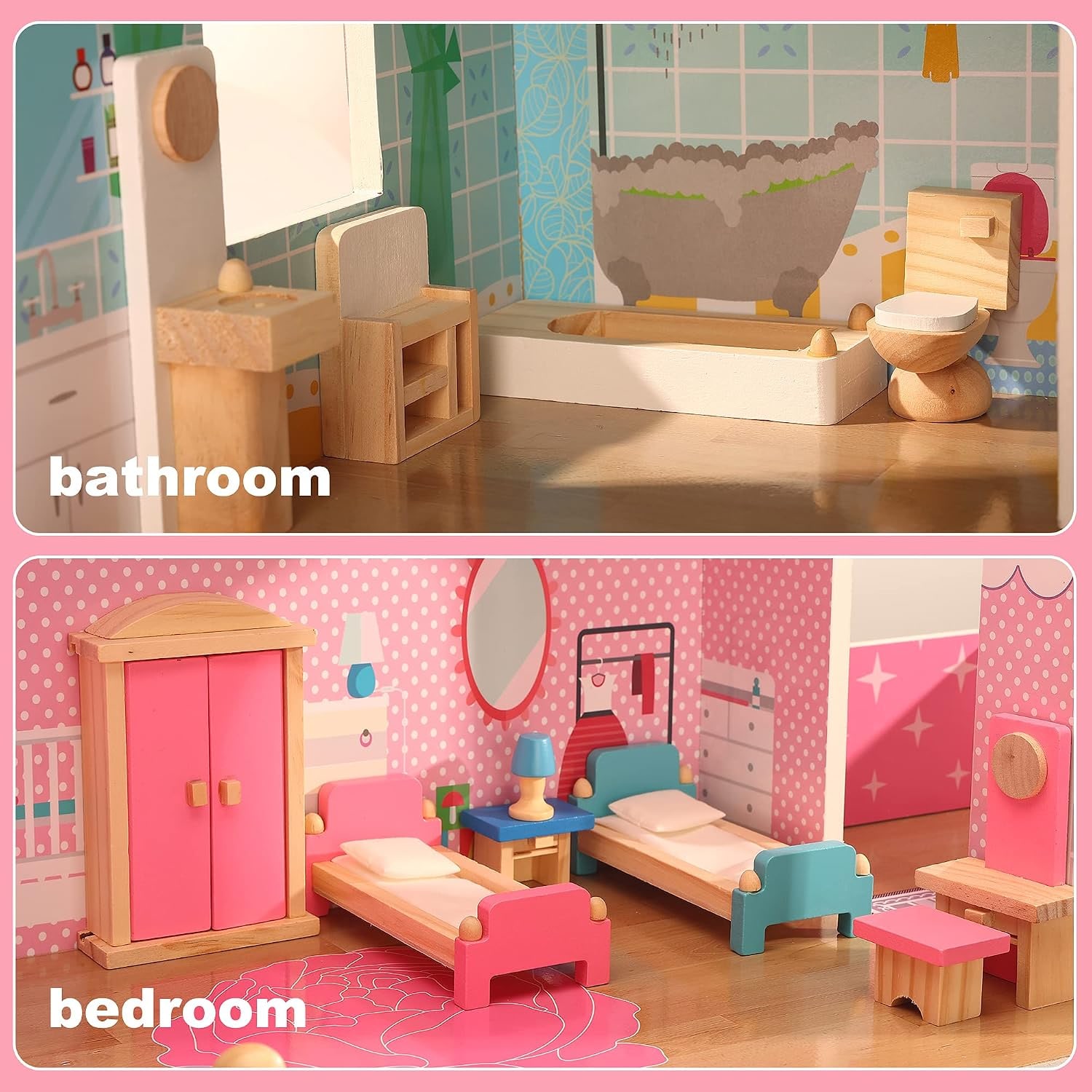 Wooden Dolls House Furniture Set, 5 Rooms, 1:12 Scale